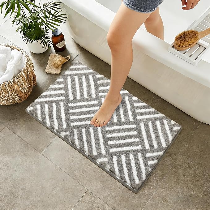 ORTIGIA Striped Gray Bathroom Rugs Non Slip Washable, 20x30 Quick Dry Absorbent Soft Plush Microfiber Bath Mats, Bath Rugs for Bathroom Floor Carpet for Sink Bedroom