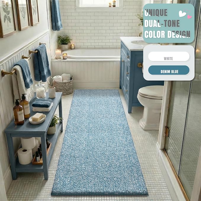Yimobra Cushioned Anti-Fatigue Long Bathroom Runner Rug, Non Slip Washable Bath Mat, Dense Soft for Double Sink Vanity, Tired Feet Comfort, Absorbent, 60" X 24" (5.0' × 2.0'), Denim Blue