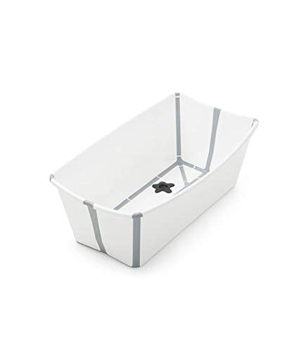 Stokke Flexi Bath Portable Baby Bathtub Bundle with Heat-Sensitive Plug and Newborn Baby Bath Support, White Grey