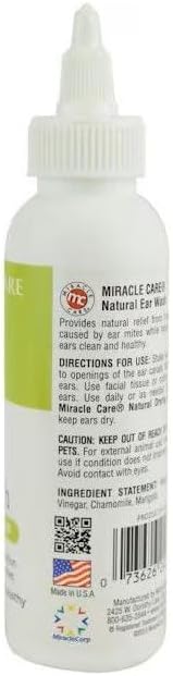 Miracle Care Natural Ear Wash for Cats, 4 Ounce | Natural Ingredients Provide Gentle Itch Relief From Irritation and Ear Mites, Help Keep Ears Clean and Healthy