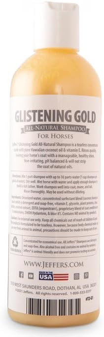 Jeffers Equine Glistening Gold Tearless Horse Shampoo, 16 oz - Concentrated Deodorizing Horse Shampoo w/Pure Hawaiian Coconut Oil & Vitamin E, pH Balanced for Moisturized, Shiny & Show Ready Coats