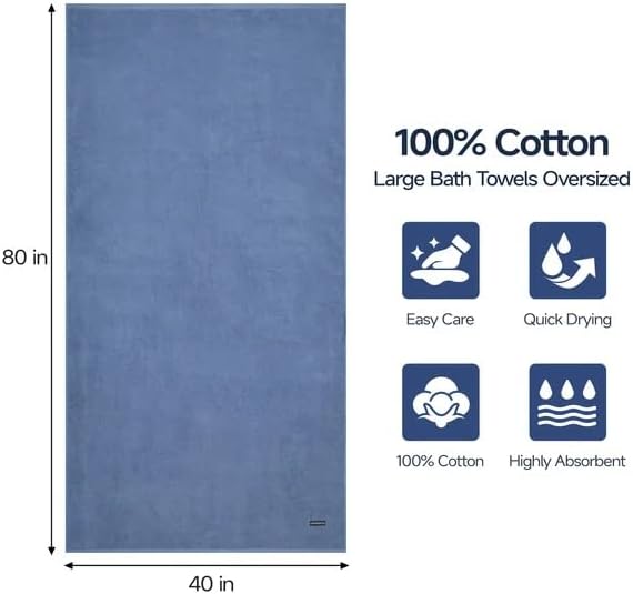 ecolook Pack of 1 Jumbo Bath Sheet (40 x 80 Inch), 980GSM 100% Cotton Extra Large Bath Towels, Super Soft Thick Highly Absorbent Oversized for Adults, Blue