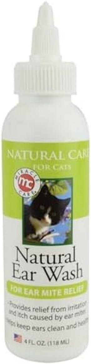 Miracle Care Natural Ear Wash for Cats, 4 Ounce | Natural Ingredients Provide Gentle Itch Relief From Irritation and Ear Mites, Help Keep Ears Clean and Healthy
