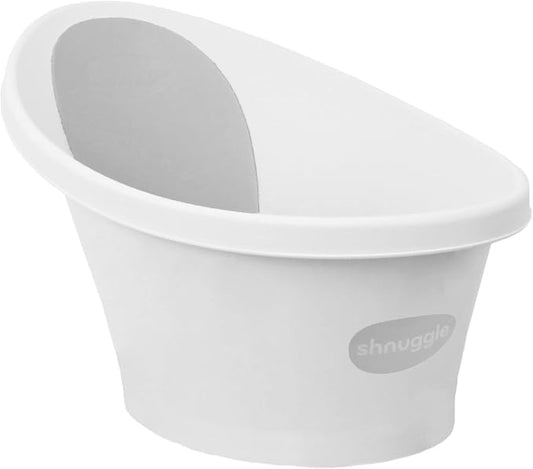 Shnuggle Newborn Baby Bath | Built in Support Bump and Soft Backrest | Suitable from Newborn | Bath Seat Support Includes Plug | White with Grey Backrest