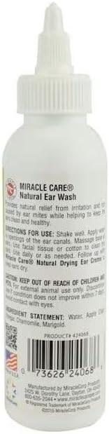 Miracle Care Natural Ear Wash for Cats, 4 Ounce | Natural Ingredients Provide Gentle Itch Relief From Irritation and Ear Mites, Help Keep Ears Clean and Healthy