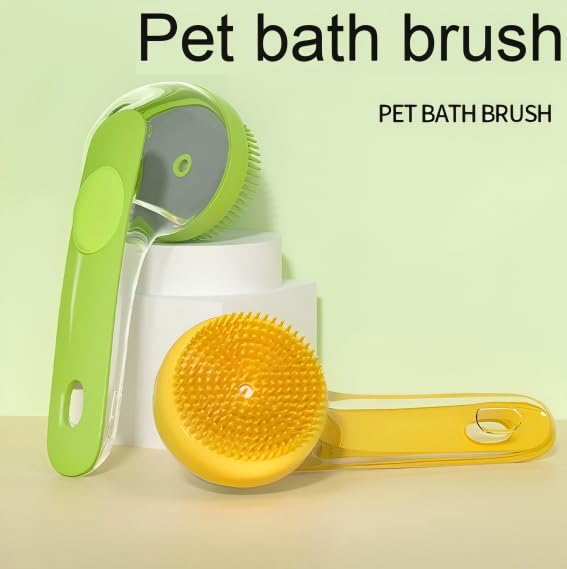 Pet Bath Brush with Shampoo Dispenser, Silicone Bristles, Ergonomic Handle, Green, 3-in-1 Shower Massage Tool for Dogs and Cats (Yelloew)