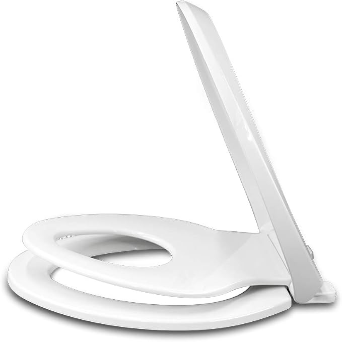 Elongated Toilet Seat with Toddler Seat Built In, Slow Close, Fits both Adult and Child, Potty Training Seat, Magnetic Kids Seat and Cover, Plastic, White