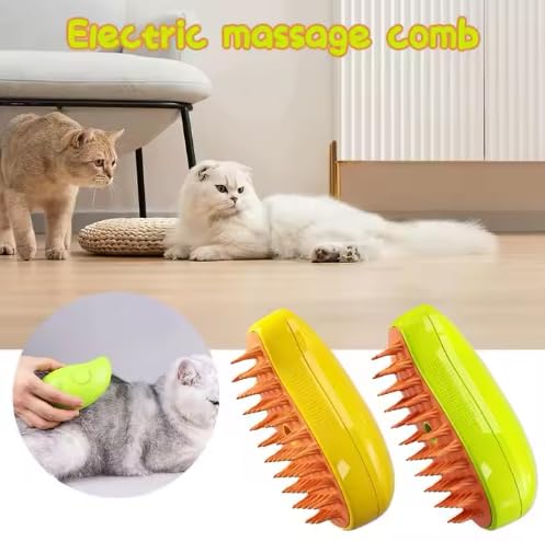 3-in-1 Steam Pet Brush for Cats & Dogs – Self-Cleaning Spray Comb for Grooming, Shedding & Massaging – Quiet Rechargeable Electric Steamer Hair Remover with Mist – Indoor Spa Tool (Yellow)
