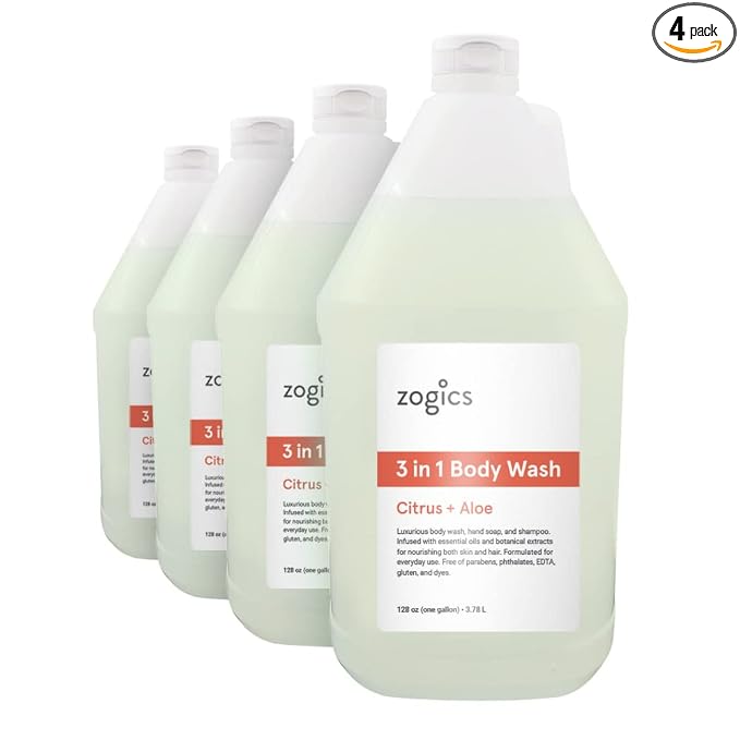 Zogics 3-in-1 Body Wash – Body Soap, Shampoo, and Hand Soap Liquid Refill All-in-One, Hydrating Plant-Based Formula, Refreshing Citrus + Aloe Scent (4 Gallons/Case)