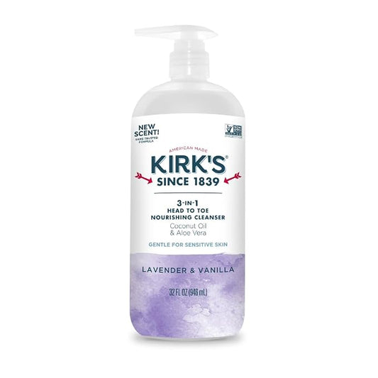 Kirk's Lavender & Vanilla 3-in-1 Nourishing Cleanser, Shampoo Body Wash Bubble Bath, Coconut Oil and Aloe Vera, Vegan Non-GMO, 32 Fl Oz