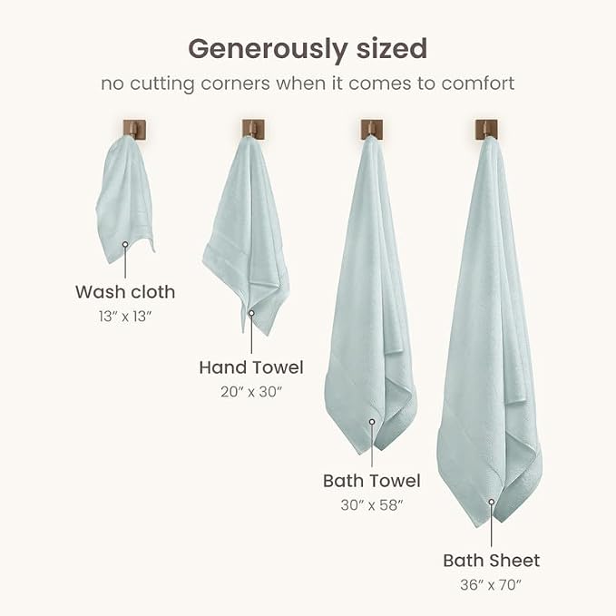 BIOWEAVES 100% Organic Cotton 700 GSM Plush 6-Piece Towel Set GOTS Certified, 2 Bath Towels, 2 Hand Towels & 2 Washcloths - Seafoam