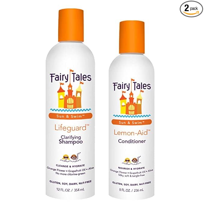 Fairy Tales Sun & Swim Shampoo & Conditioner for Kids - Chlorine Removal Swim Shampoo, Removes Green Pool Tones, Sea Salt & Mineral Buildup - Delicious Tropical Scent– 12oz + 8oz