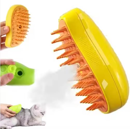 3-in-1 Steam Pet Brush for Cats & Dogs – Self-Cleaning Spray Comb for Grooming, Shedding & Massaging – Quiet Rechargeable Electric Steamer Hair Remover with Mist – Indoor Spa Tool (Yellow)