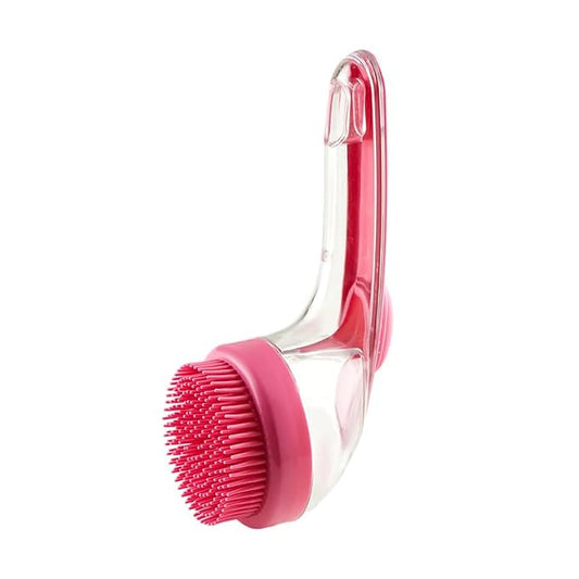 Dog Bath Brush with Shampoo Dispenser Silicone Pet Washing Scrubber & Massage Comb, Extended Handle, Soft Thick or Fine Bristles Grooming Supplies for Dogs & Cats (Pink, Fine Bristles)