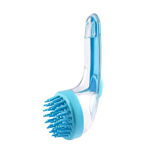 Dog Bath Brush with Shampoo Dispenser Silicone Pet Washing Scrubber & Massage Comb, Extended Handle, Soft Thick or Fine Bristles Grooming Supplies for Dogs & Cats (Blue, Coarse Bristles)