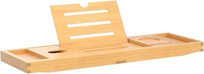 Deep Calm Bathtub Tray Caddy - Bamboo Foldable Bath Tub Table, Expandable Bath Tray Holds All Bathtub Accessories, Perfect Luxury Relaxing Gift for Self Care