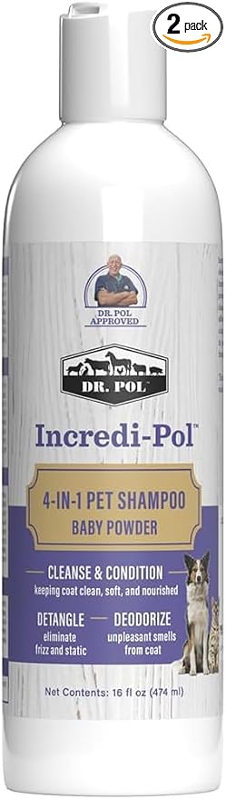Dr. Pol Incredi-Pol 4-in-1 Pet Shampoo | Cleanse, Condition, Detangle & Deodorize | Luxurious Grooming for a Soft, Silky Coat | Baby Powder | 16 oz