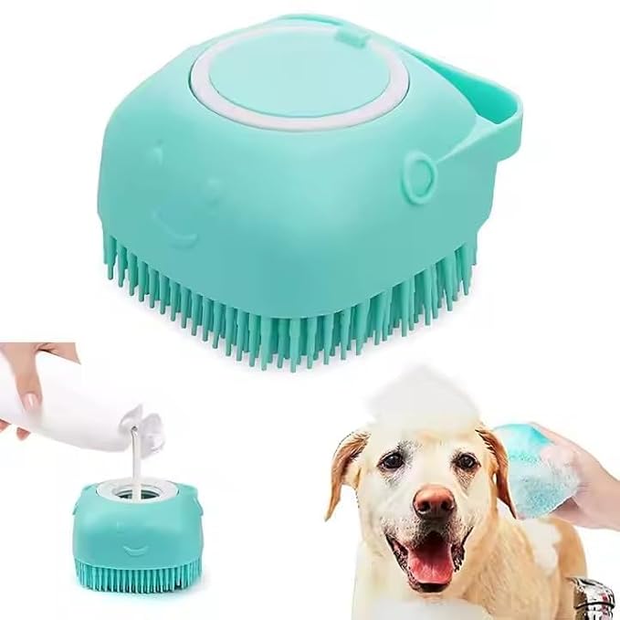 Dog Bath Brush with Shampoo Dispenser - Silicone Dog Shampoo Brush Scrubber for Bathing, Shedding & Massage for Dogs & Cats and 6 Finger Toothbrush For Dogs
