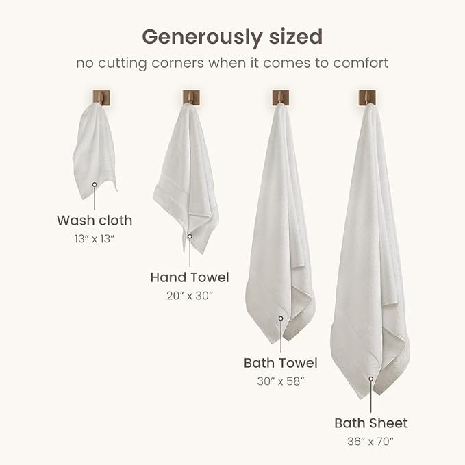 BIOWEAVES 100% Organic Cotton 700 GSM Plush 6-Piece Towel Set GOTS Certified, 2 Bath Towels, 2 Hand Towels & 2 Washcloths - Ivory