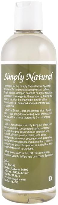 Jeffers Equine Simply Natural Horse Shampoo, 16 oz - Concentrated Deodorizing Horse Shampoo for Sensitive Skin, Moisturizes Coat, Mane & Tail with Coconut, Aloe Vera, Shea Butter & Vitamins C & E