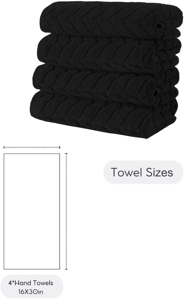 BAGNO MILANO Turkish Cotton Bath Towels, Hand Towels - Soft Plush Jacquard Collection Luxury Towels Set (Black, Hand Towel Set of 4)