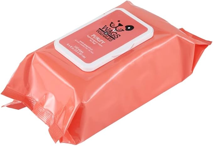 Wags & Wiggles Purify Hypoallergenic Dog Wipes for Sensitive Skin, Paw and Body Grooming Wipes with Gentle Plant Based Formula for Everyday Cleaning, Zesty Grapefruit Scent, 100 Count (Pack of 2)