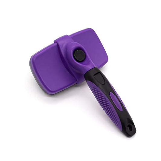 Self Cleaning Slicker Brush for Dogs & Cats, Gentle Deshedding and Hair Removal Tool for Long & Short Haired Pets, Easy Push Button, Purple