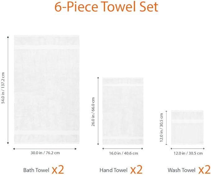 Amazon Basics 6-Piece Oversized Highly Absorbent Fade-Resistant Towel Set, 100% Cotton Towels for Bathroom, Soft, 2 Bath Towels, 2 Hand Towels, 2 Washcloths, White (Pack of 2)
