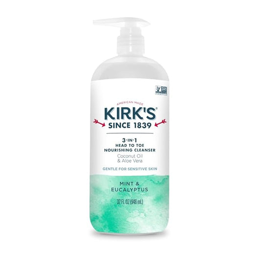 Kirk's Mint and Eucalyptus 3-in-1 Nourishing Cleanser, Shampoo Body Wash Bubble Bath, Coconut Oil and Aloe Vera, Vegan Non-GMO, 32 Fl Oz