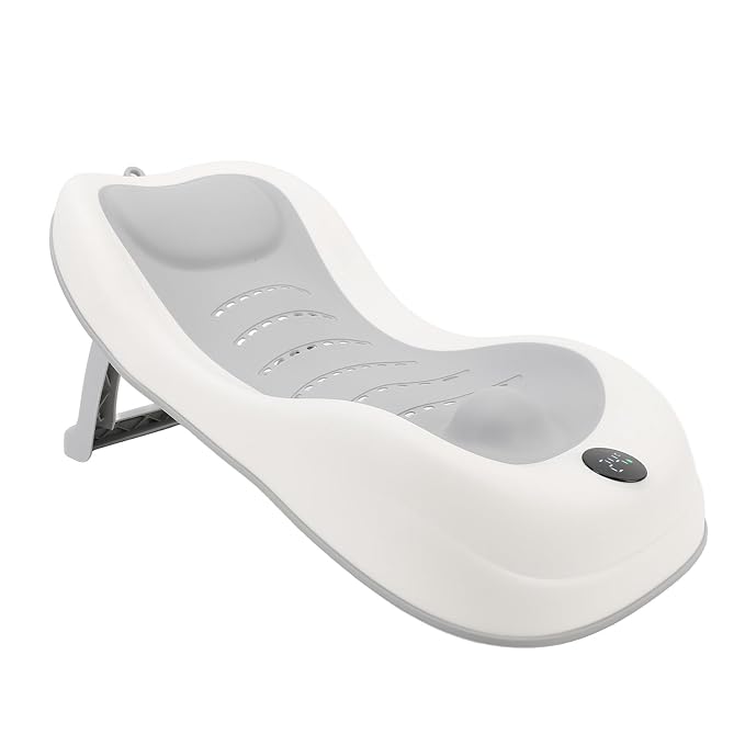 Asixxsix Baby Bath Support, Smart Temperature Sensing Non Slip Baby Bath Seat, Foldable Newborn Bathtub with Thermometer for Newborns Infants Toddlers (Gray)