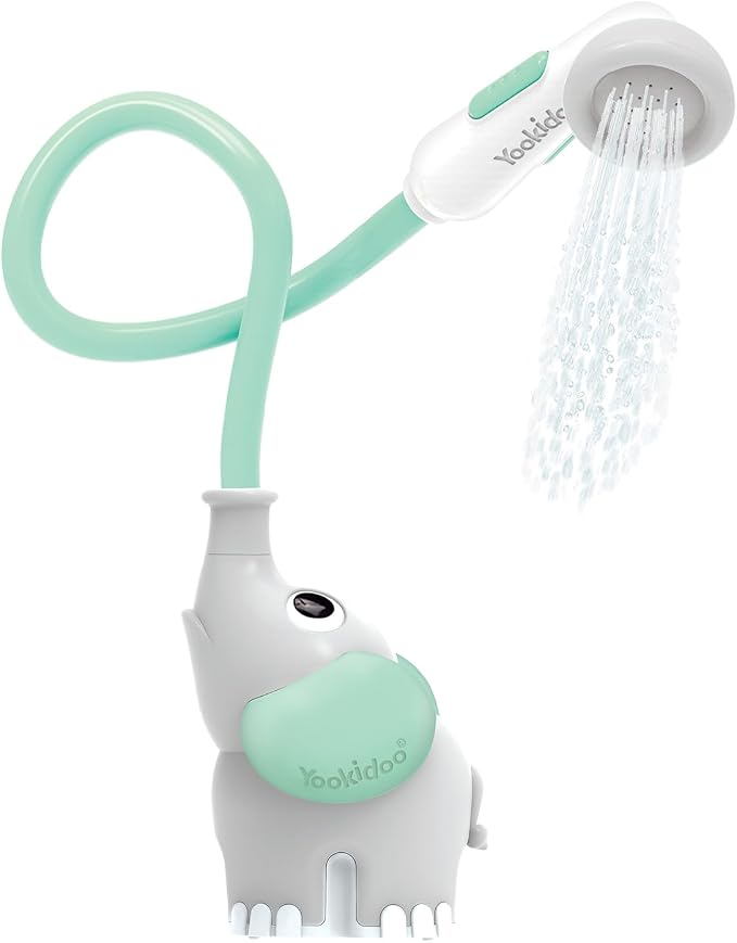 Yookidoo Baby Bath Shower Head – Elephant Water Pump with Trunk Spout Sprayer & Rinser, Dual Knob Flow Control, Bath Time Essential for Newborns, Tub or Sink (Turquiose)