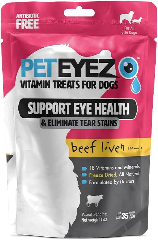 PetEyez Tear Stain Remover Vitamin Treats for Dogs - Support Eye Health & Reduce Itching & Tear Stain Buildup - 100% Natural Dog Treats with Superfoods, Antioxidants & Nutrients - Beef Liver - 1oz