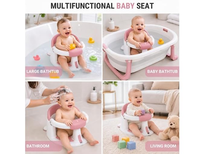 Baby Bath Seat for Babies 6-24 Months, Non Slip Infant Bath Seat with 4 Suction Cups, BPA Free Baby Bathtub Seat, Secure Bath Support Chair for Sit Up Babies, Pink
