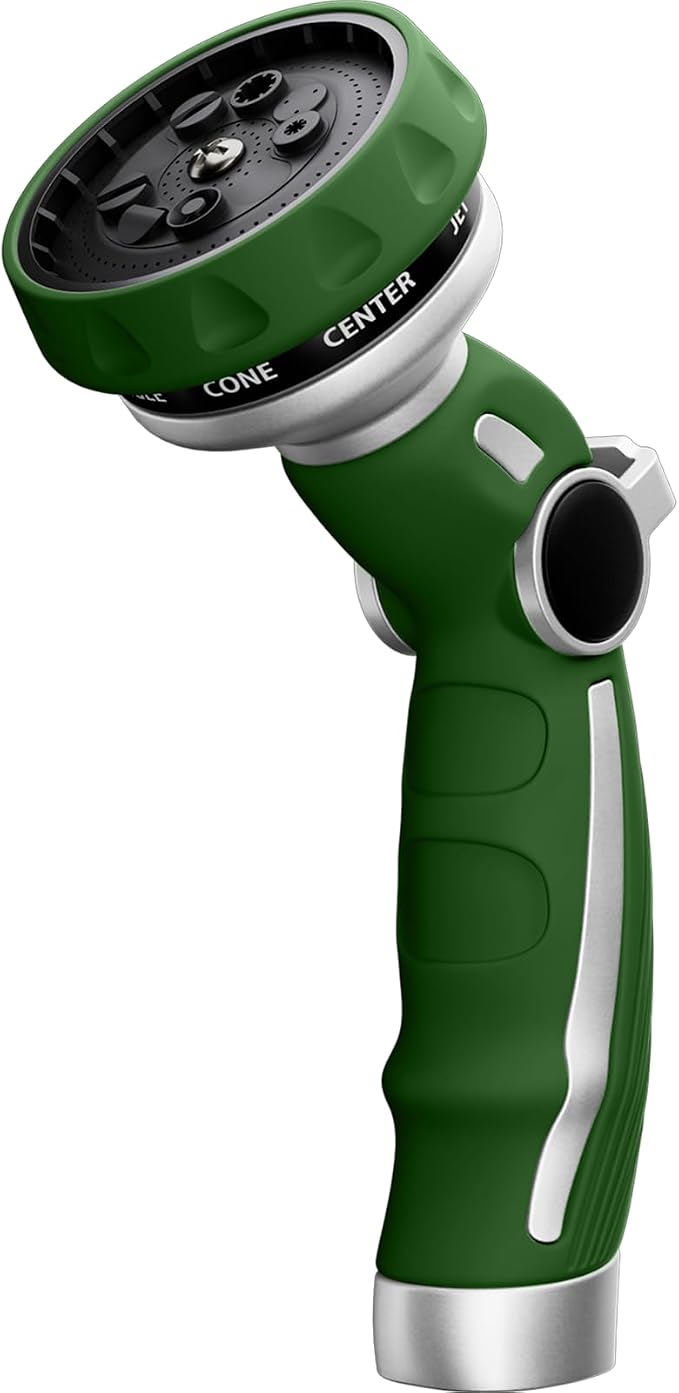 RESTMO Hose Nozzle Heavy Duty, Metal Water Hose Sprayer for Garden | 9 Spray Patterns, High Pressure, Thumb Flow Control, On/Off Valve, Ideal for Outdoor Lawn & Plant, Car & Pet, Green