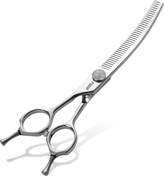 Professional Left Handed Curved Comb Thinner Dog Grooming Scissors 7.0'' Curved Thinning Shears for Dogs Pet 56 Teeth 50% Thinning Rate Japan VG10 Sharp and Durable