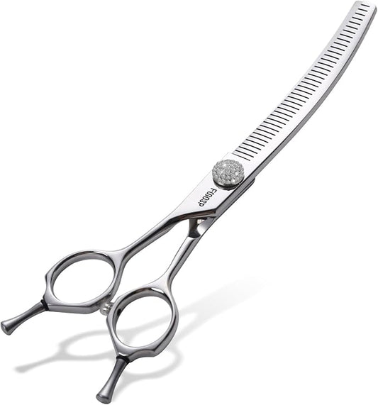 Professional Left Handed Curved Comb Thinner Dog Grooming Scissors 7.0'' Curved Thinning Shears for Dogs Pet 56 Teeth 50% Thinning Rate Japan VG10 Sharp and Durable