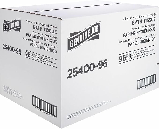 Genuine Joe Standard Bath Tissue, 3" x 4", 2-Ply, 400 Sheets/Roll, 96 Count