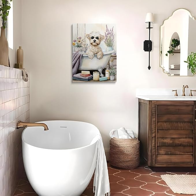 Framed Cute Dog Bathroom Wall Art Canvas Spa Bath Decor Gifts 12x16 Inches | Cute dog bathroom canvas with bath tub sunglasses lavender towels ready to hang for spa bathroom powder room pet lover decor
