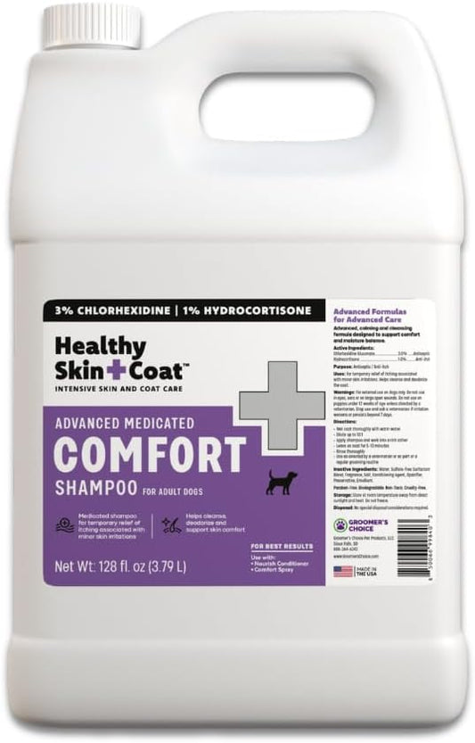 Advanced Medicated Comfort Dog Shampoo, 1 Gallon - 3% Chlorhexidine, 1% Hydrocortisone, Delivers Fast Itch Relief, Supports Skin and Coat Health, Made in The USA