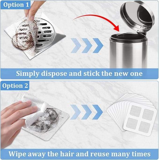 Disposable Shower Drain Hair Catcher, 3.94 Inches Square, 100 PCS | With Scrapper, Stickers for Bath & Kitchen, For Human & Pet Hair, Bathtub & Laundry Cover