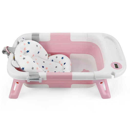 Baby Bathtub for Newborn Infant, Collapsible Baby Bathtub with Temperature Display & Soft Cushion, Infant to Toddler Bathtub, Portable Foldable Travel Bath Tub, 0-18 Months (Pink)