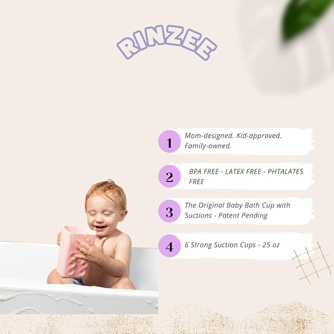 Rinzee® Baby Bath Rinse Cup with Suctions – Soft Silicone Shampoo Rinser for Kids – BPA‑Free, Drains Upside Down, Sticks to Tiles. Patent Pending