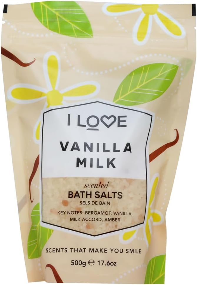 I Love Vanilla Milk Bath Salts - Calming Bath Soak with Amber and Vanilla Scent - Relaxing Bath Salts - Comfort and Nourish Skin - 17.6 oz