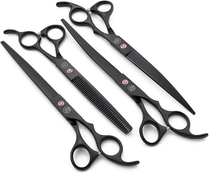 Moontay Professional 8.0" Dog Grooming Scissors Set, 4-pieces Straight, Upward Curved, Downward Curved, Thinning/Blending Shears for Dog, Cat and Pets, JP Stainless Steel, Black