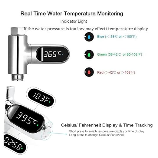 Baby Shower Water Thermometer, 360° Rotatable LED Digital Display with 3-Color Indicator, No Battery Hydropower Instant-Read Thermometer, Universal 1/2" Nut for Bathroom Kitchen Baby Bath