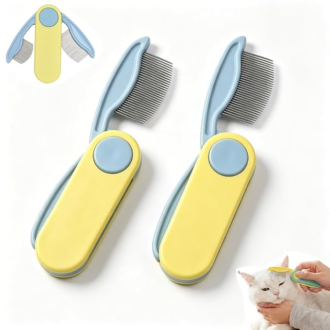 Professional Pet Eye Comb, Stainless Steel Folding Round Head Grooming Tool, Tear Stain Remover Flea Lice Combs, Precisely Clean Eye Area Dirt for Cats Dogs (2PCS Yellow)