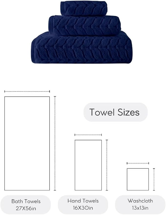 BAGNO MILANO Turkish Cotton Bath Towels, Hand Towels - Soft Plush Jacquard Collection Luxury Towels Set (Navy, Towel Set of 3)