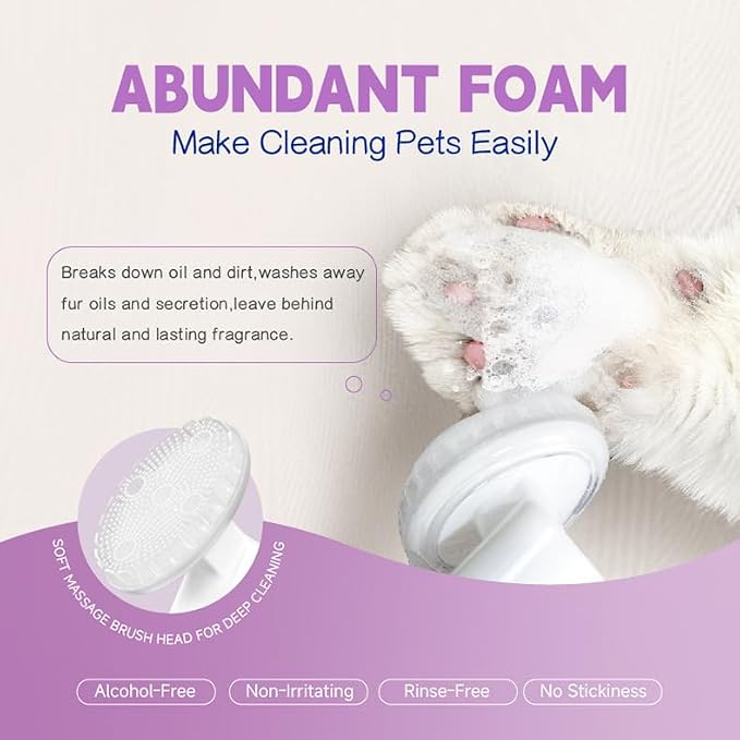 Paw Cleaner for Dogs & Cats, No-Rinse Foaming Pet Foot Washer for Dirty, Muddy Paws, Gentle, Fragrance-Free, pH Balanced Foaming Cleanser with Silicone Bristle Brush, 5 fl oz