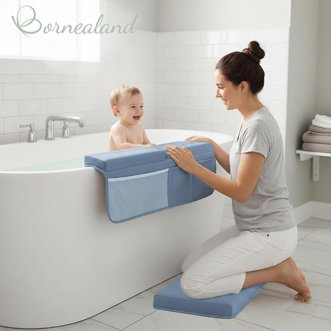 2inch XL Baby Bath Kneeler and Elbow Rest Pad Set + Hooded Towel - Embroidered Kneeling Pad for Bathing Baby - Dual-Layer Memory Foam Bathtub Kneeler and Elbow Rest Set
