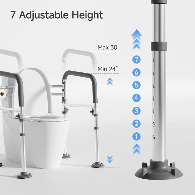 Loyoda Toilet Safety Frame for Seniors, Adjustable Toilet Safety Rail | Height& Width Adjustable, Padded Armrests, Foldable Aluminum Support Frame for Elderly, Disabled, Pregnant, 350 lb, Gray